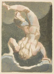 En muskuløs, nøgen mand, der synes at have svævet ned for at hvile på hænderne, med hovedet nedad, på klipper og skyer, tavle 15 fra Urizens første bog, 1794